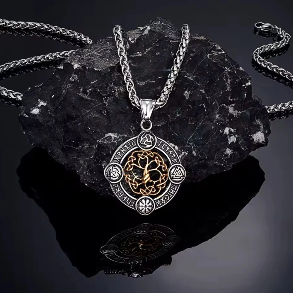 Viking Rune Life Tree Stainless Steel Silver Luck Talisman Necklace